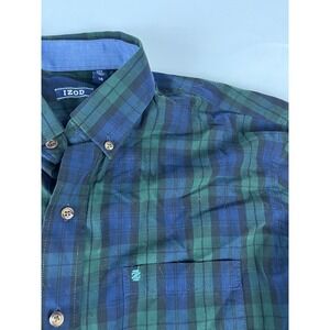 IZOD Mens Plaid Button Down Long Sleeve Shirt Green Blue Size Large